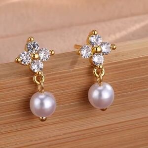 Gold and White Zircon Pearl Earrings